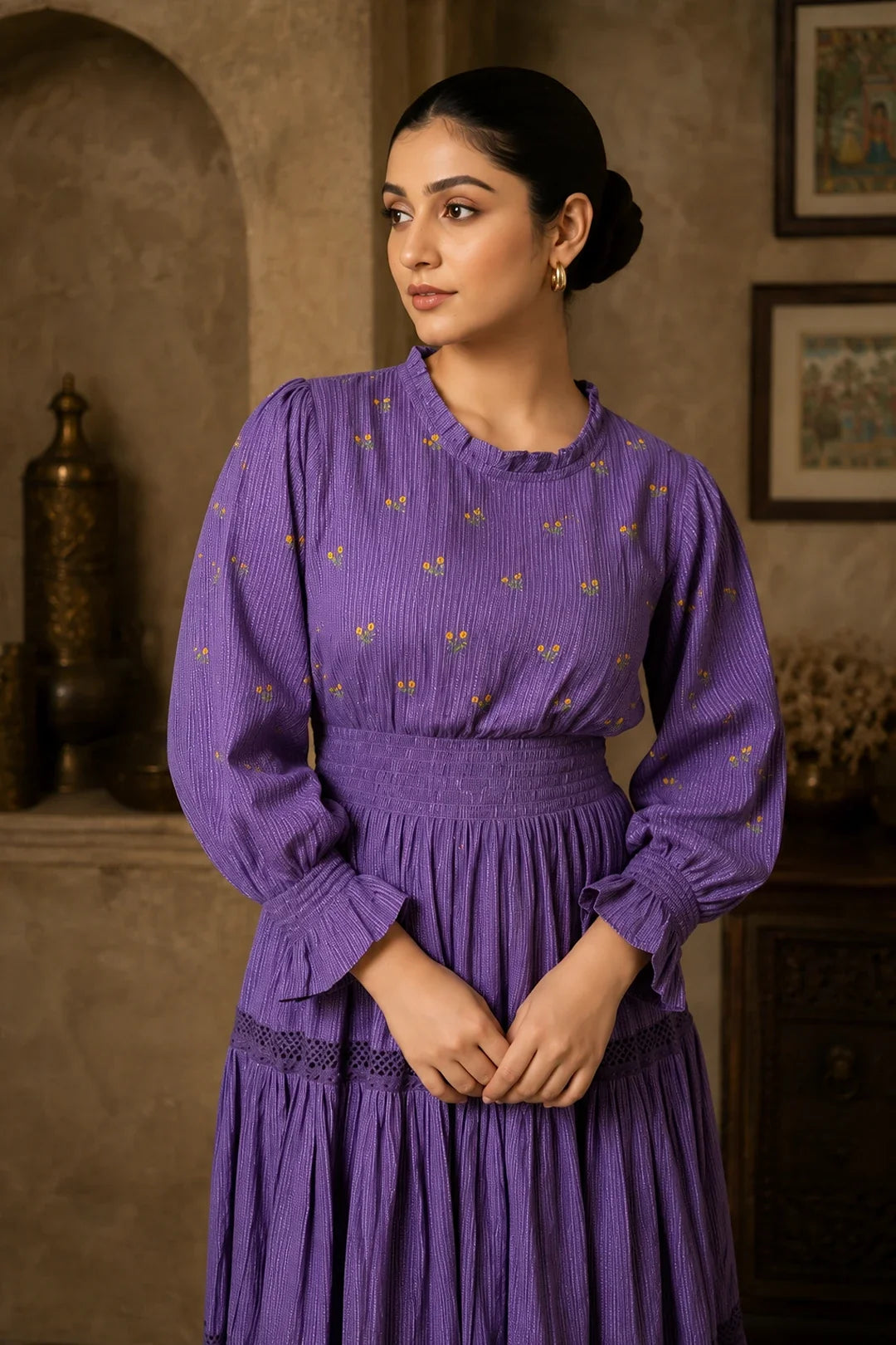 Radiant Meadows Purple Cotton Kantha Tiered Dress