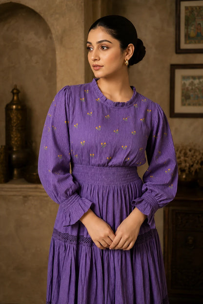 Radiant Meadows Purple Cotton Kantha Tiered Dress