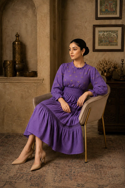 Radiant Meadows Purple Cotton Kantha Tiered Dress