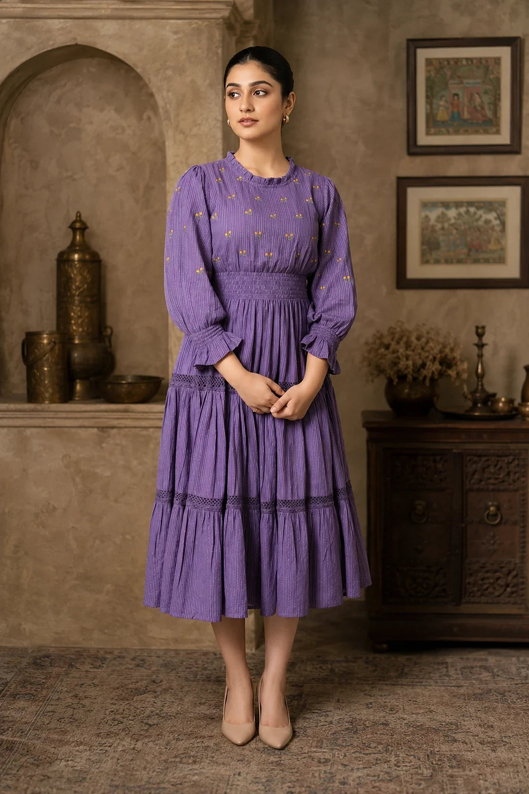 Radiant Meadows Purple Cotton Kantha Tiered Dress