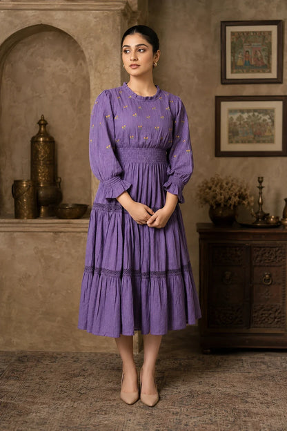 Radiant Meadows Purple Cotton Kantha Tiered Dress
