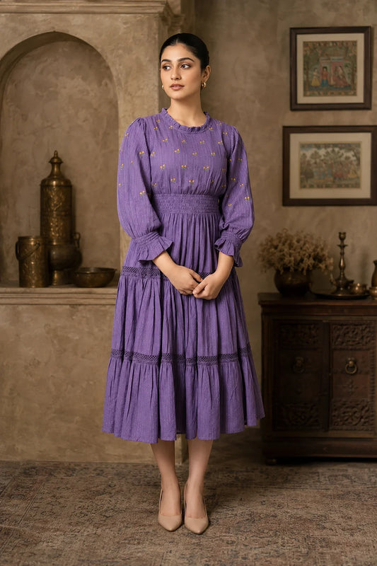 Radiant Meadows Purple Cotton Kantha Tiered Dress