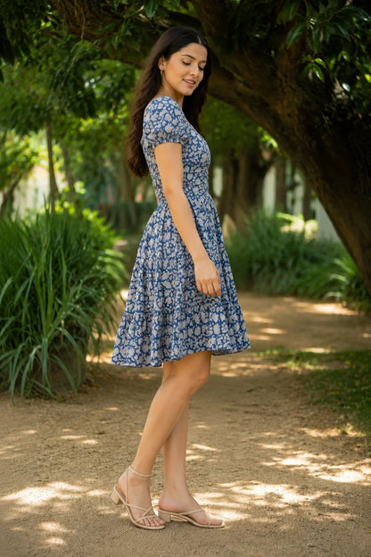 Navy Blossoms Block Printed Tiered Mini Dress