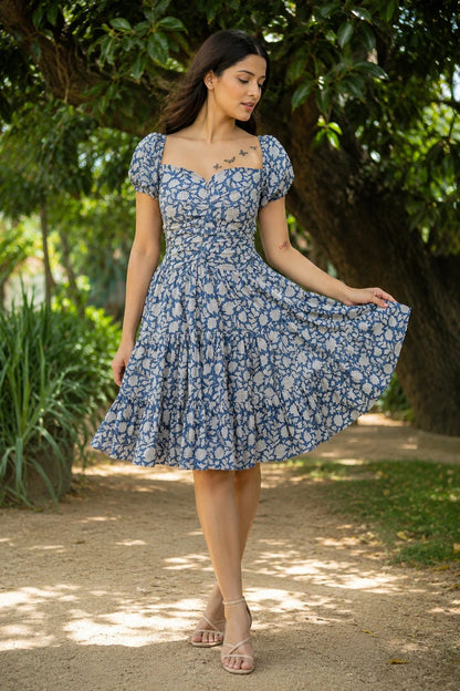 Navy Blossoms Block Printed Tiered Mini Dress