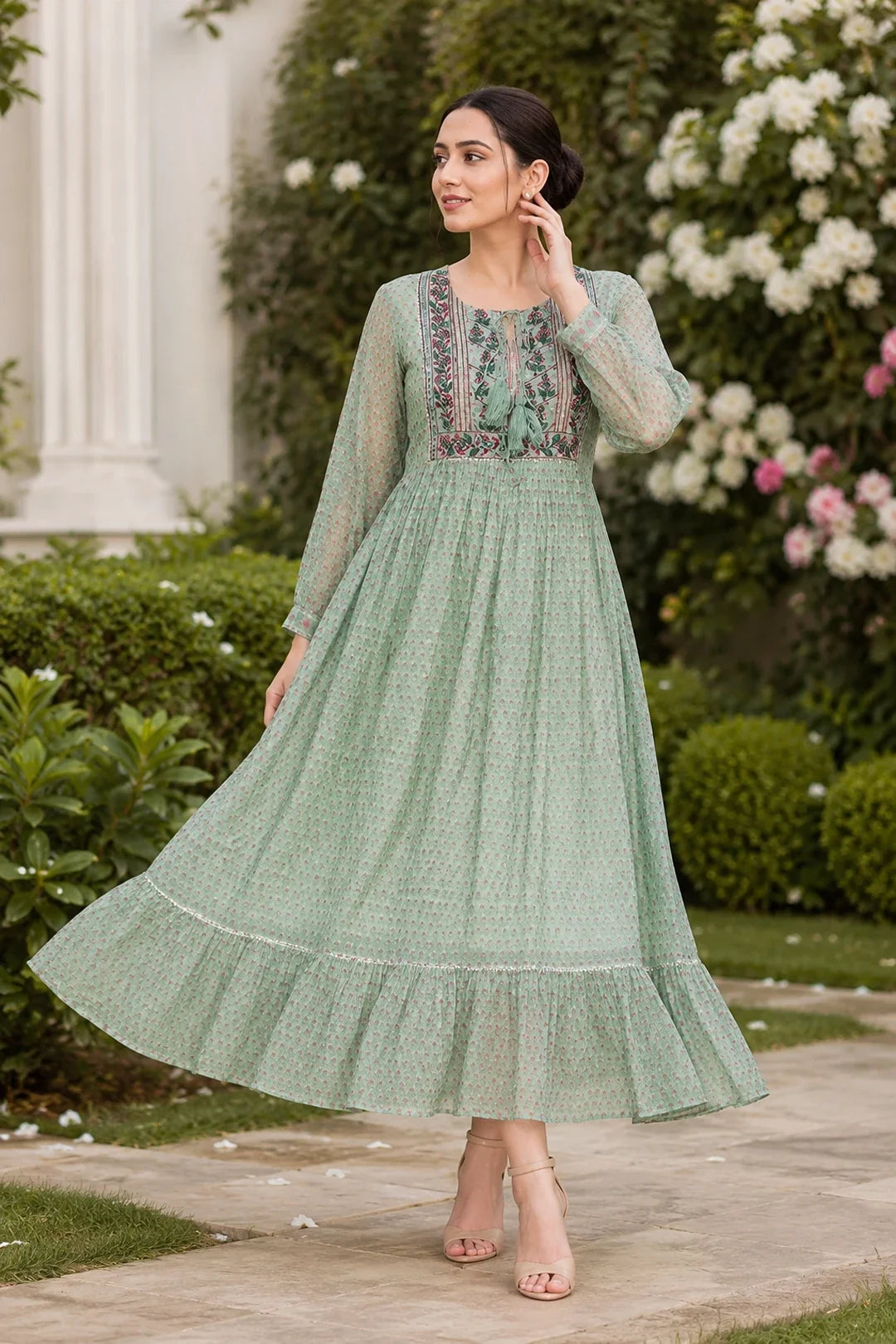 Ahila Kota Doria Block Printed Maxi Dress