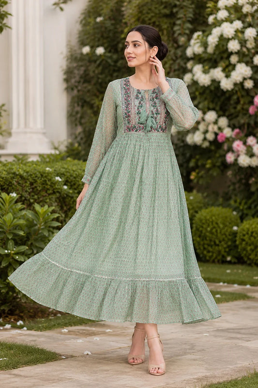 Ahila Kota Doria Block Printed Maxi Dress