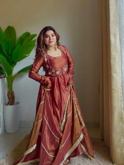 Rust Silk Embroidered Anarkali Suit Set with Dupatta | Gulaal Jaipur