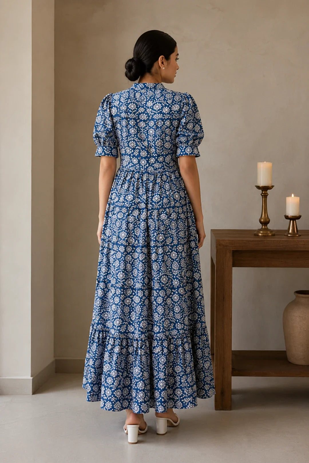 Navy Floral Jaal Block Printed Dress