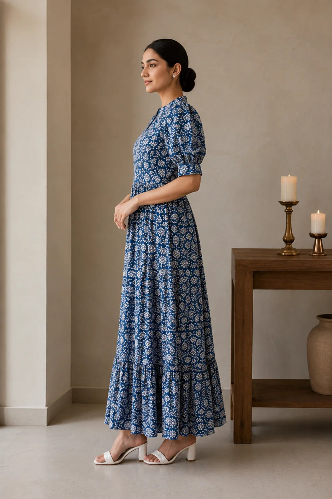 Navy Floral Jaal Block Printed Dress