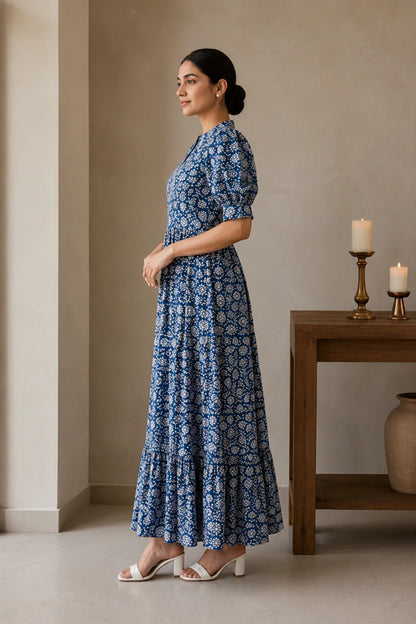Navy Floral Jaal Block Printed Dress