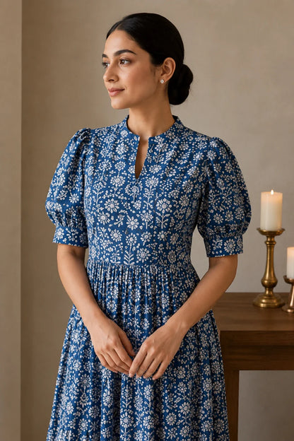 Navy Floral Jaal Block Printed Dress