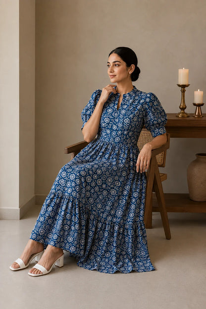Navy Floral Jaal Block Printed Dress