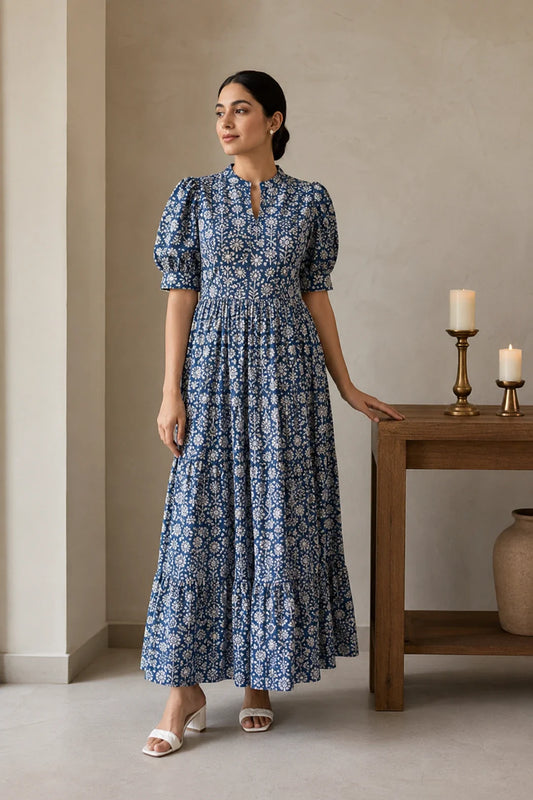 Navy Floral Jaal Block Printed Dress