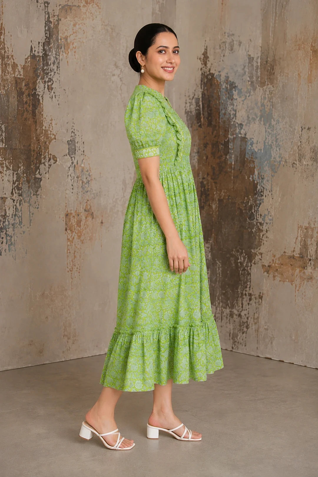 Green Floral Jaal Block Printed Dress