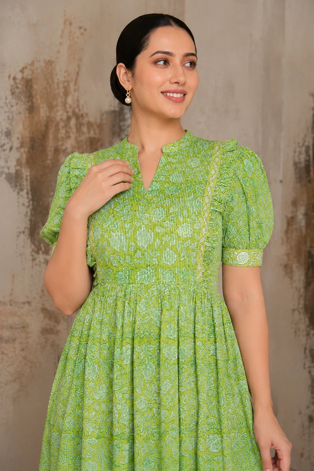 Green Floral Jaal Block Printed Dress