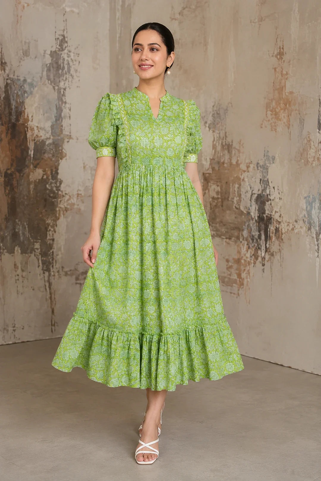 Green Floral Jaal Block Printed Dress
