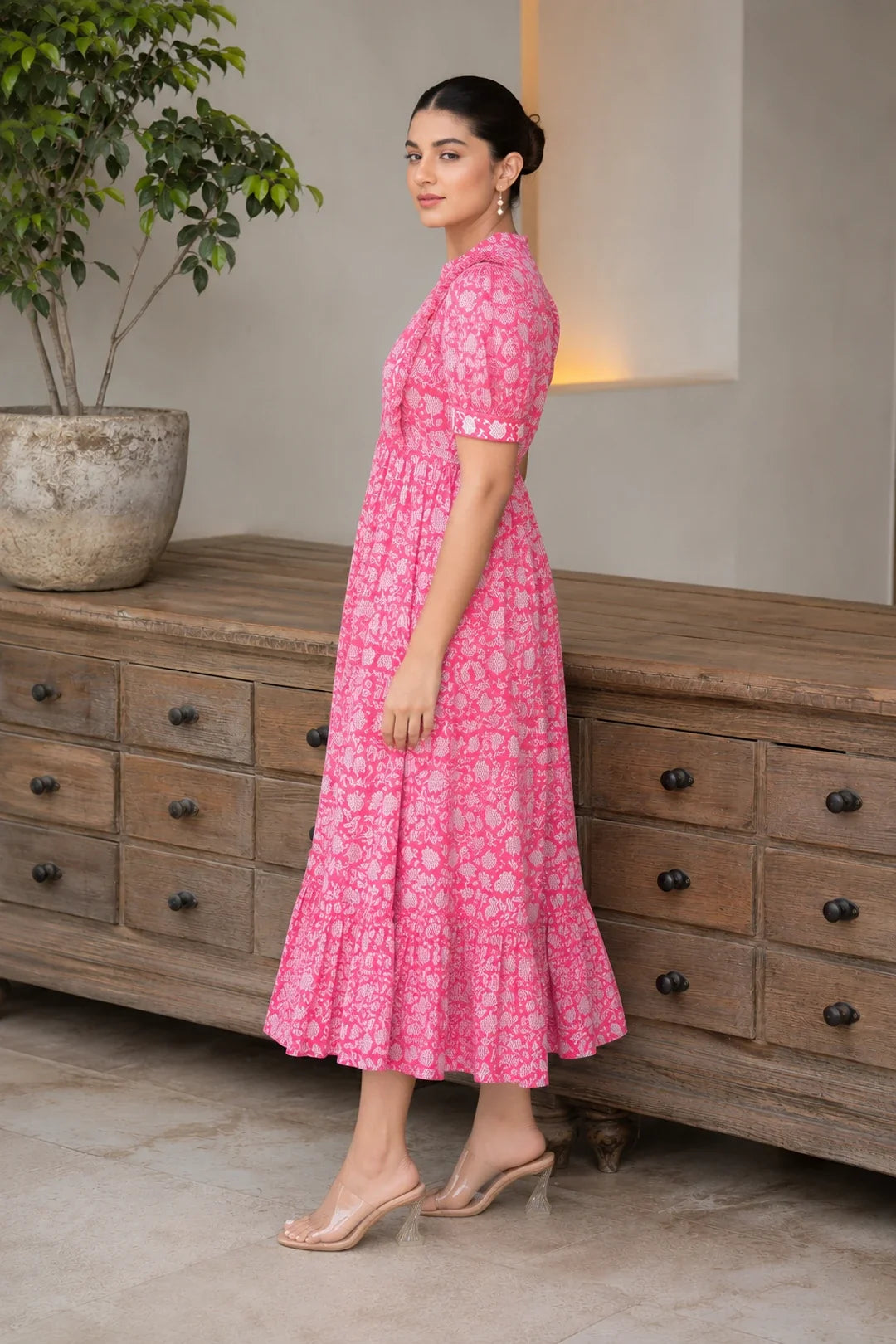 Pink Floral Jaal Block Printed Dress