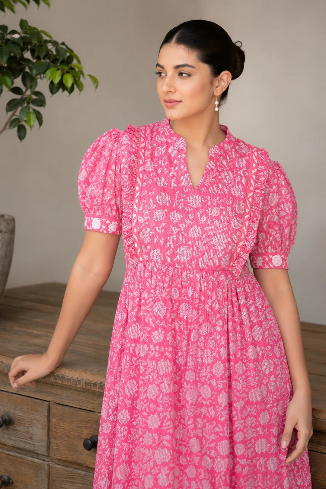 Pink Floral Jaal Block Printed Dress
