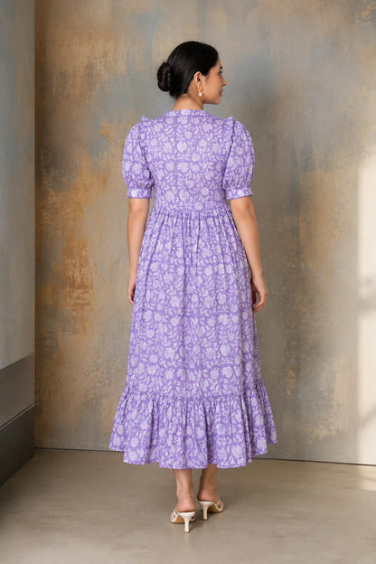 Purple Floral Jaal Block Printed Dress