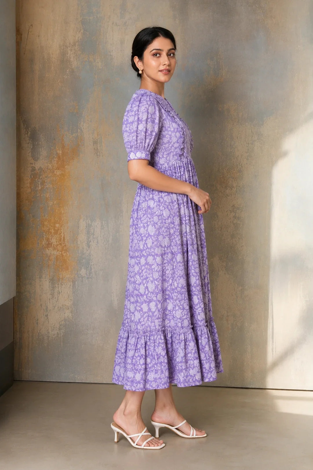 Purple Floral Jaal Block Printed Dress