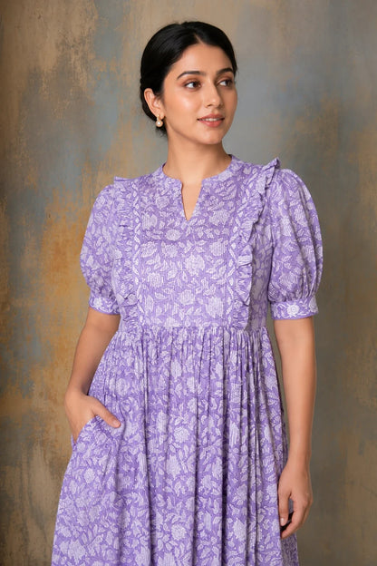 Purple Floral Jaal Block Printed Dress