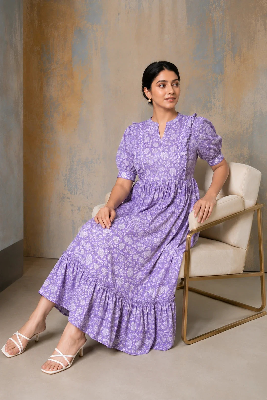 Purple Floral Jaal Block Printed Dress