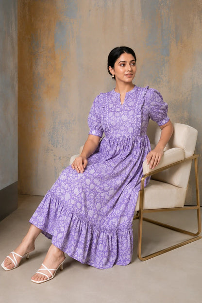 Purple Floral Jaal Block Printed Dress