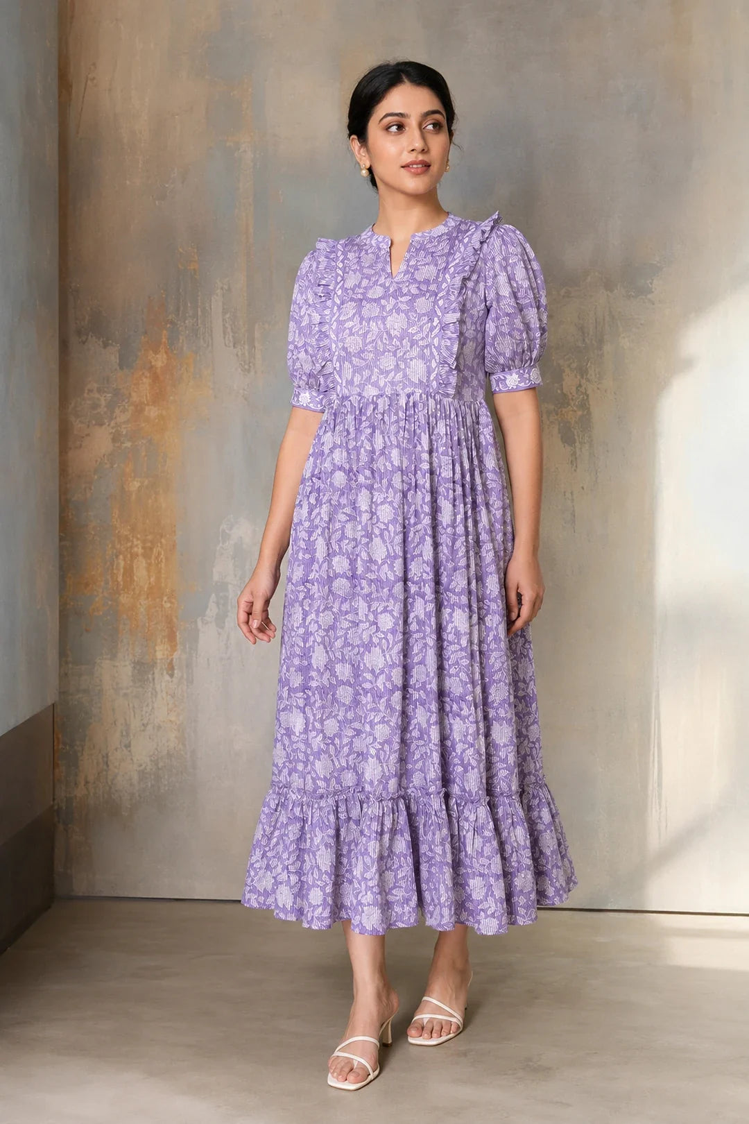Purple Floral Jaal Block Printed Dress
