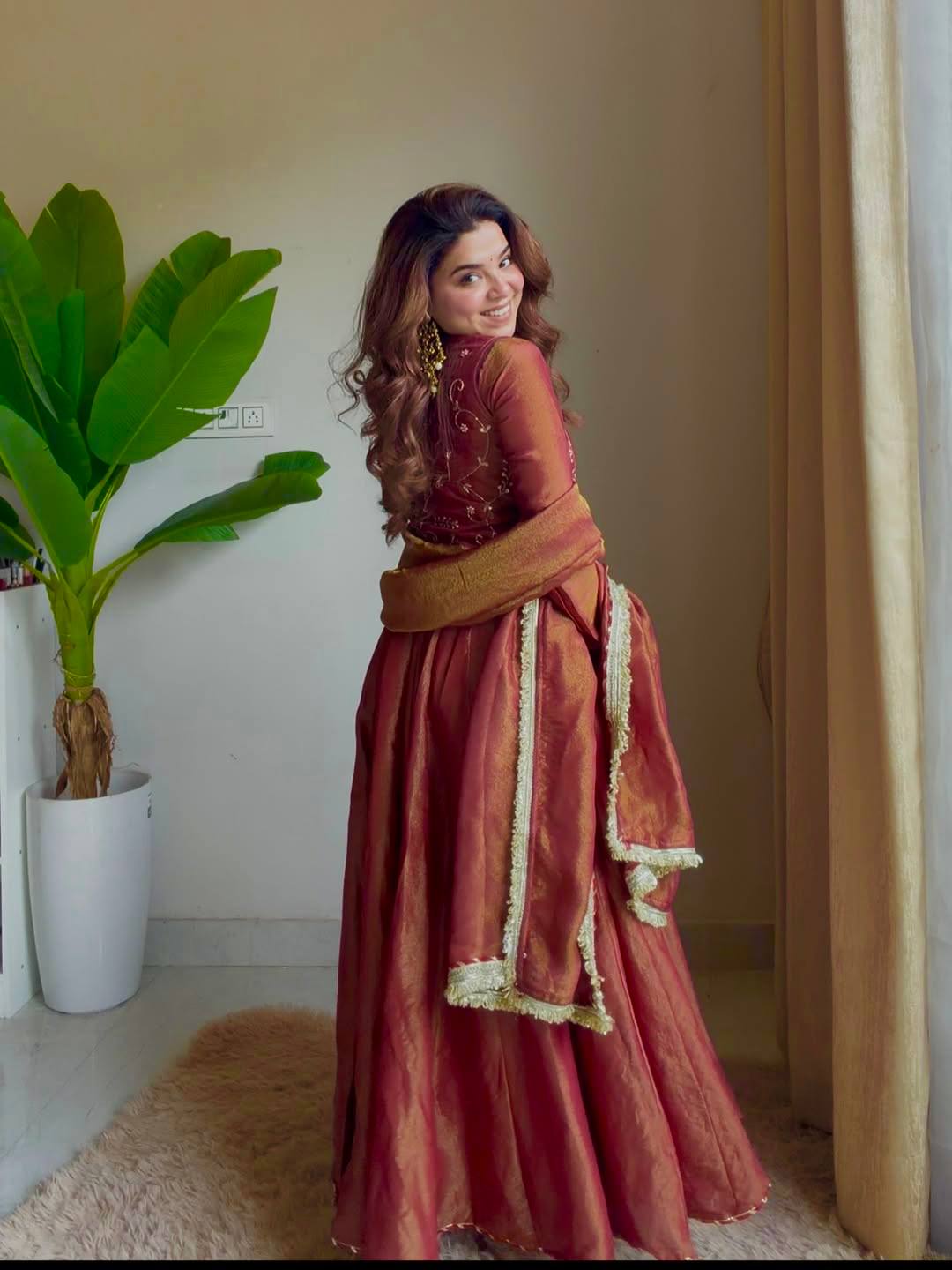 Rust Silk Embroidered Anarkali Suit Set with Dupatta | Gulaal Jaipur