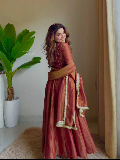Rust Silk Embroidered Anarkali Suit Set with Dupatta | Gulaal Jaipur