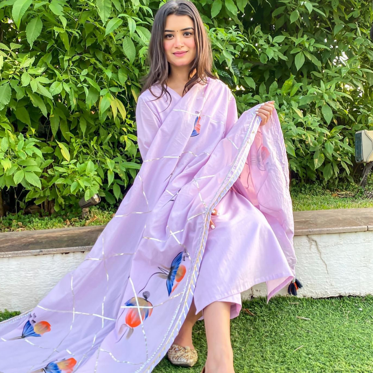 Lilac Handpainted Dupatta Suit Set (Set of 3)