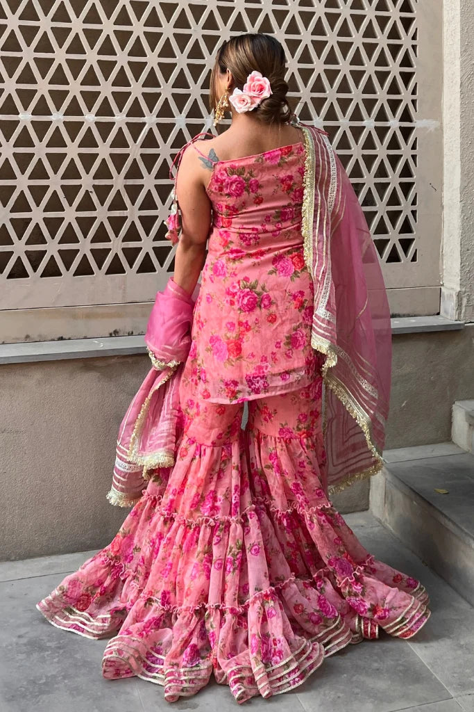 Pink Floral Printed Sharara Set with Dupatta