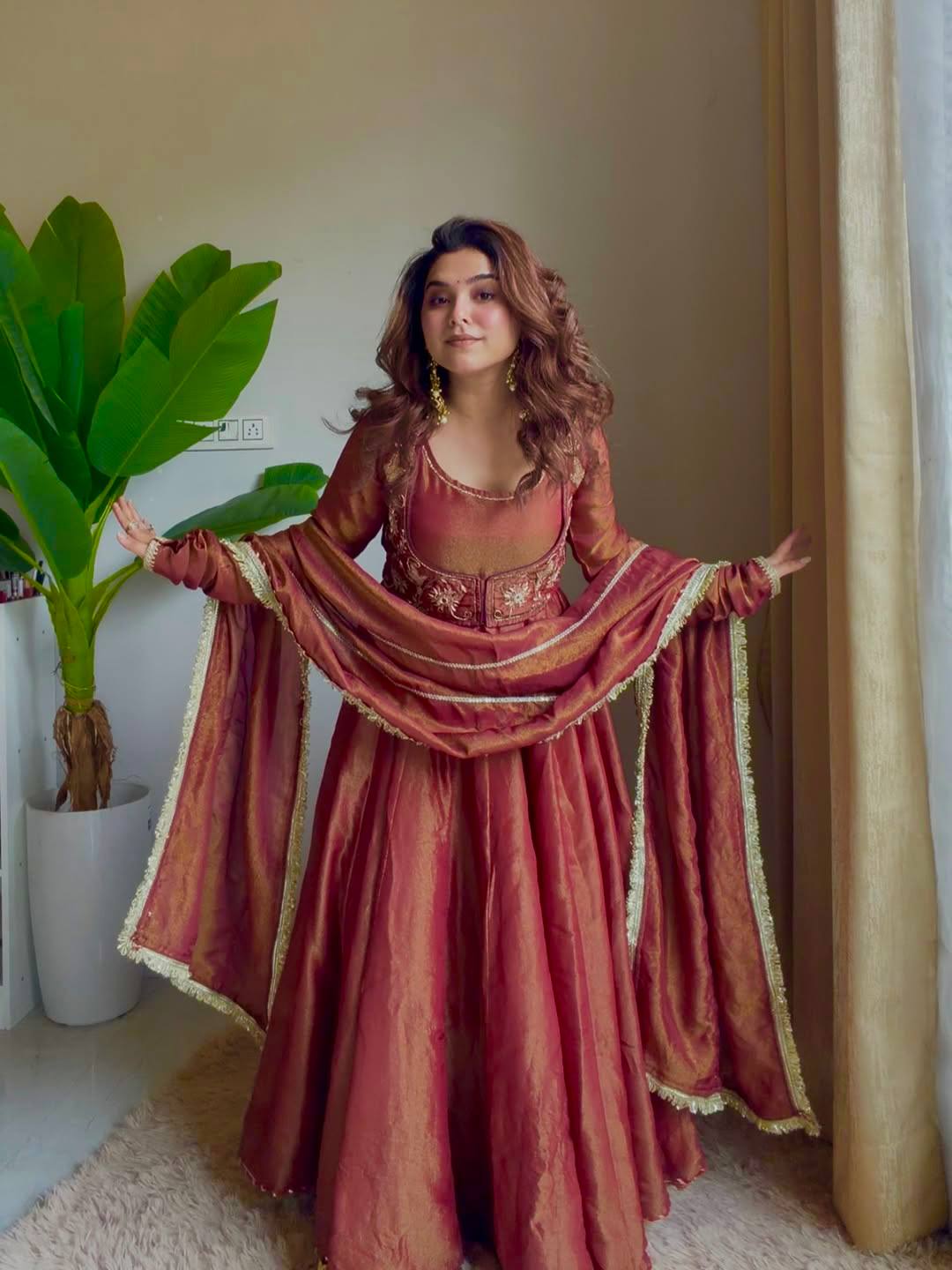 Rust Silk Embroidered Anarkali Suit Set with Dupatta | Gulaal Jaipur