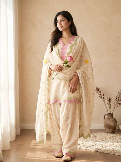 Ivory Pink Heart-Print Suit Set with Dupatta | Gulaal Jaipur