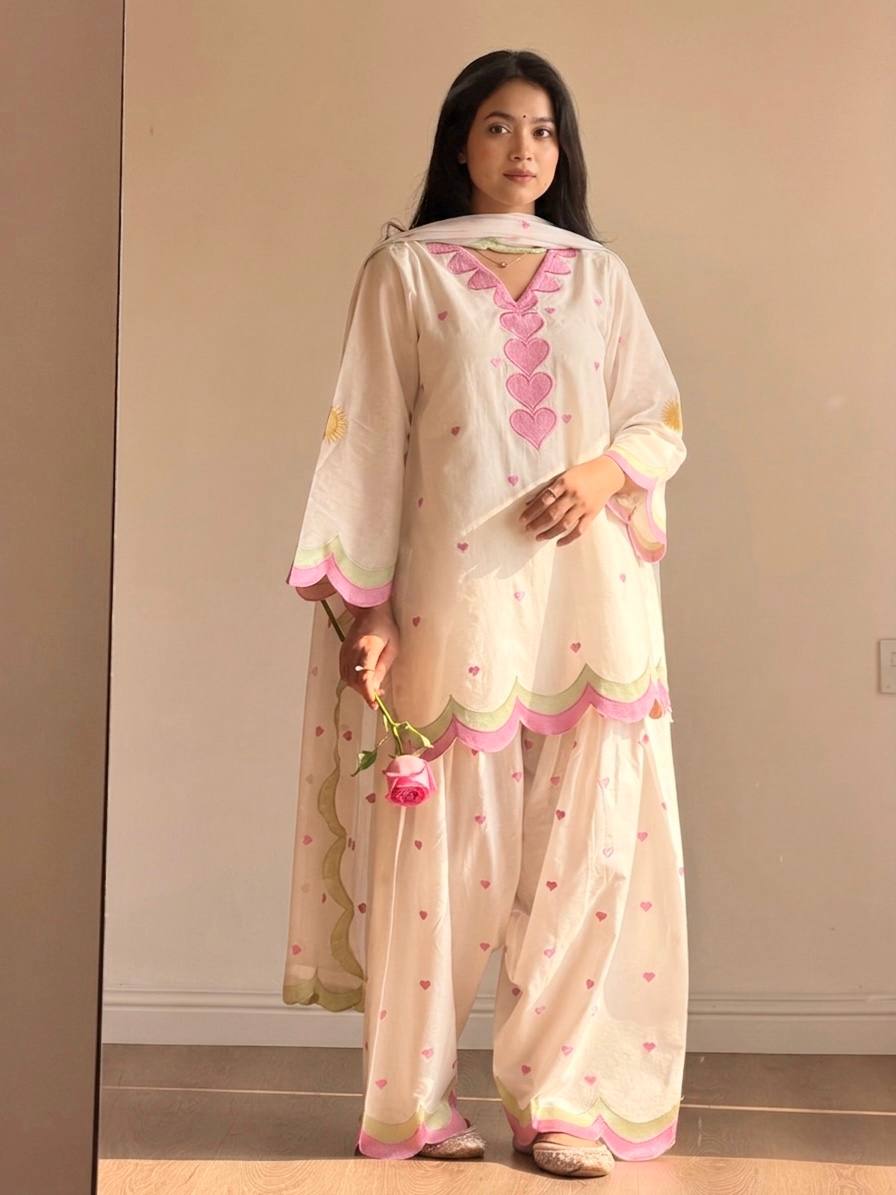 Ivory Pink Heart-Print Suit Set with Dupatta | Gulaal Jaipur