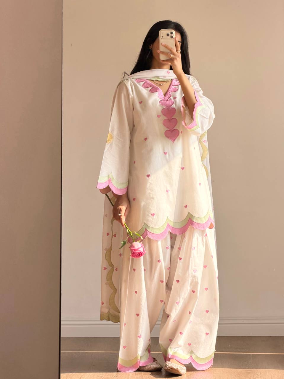 Ivory Pink Heart-Print Suit Set with Dupatta | Gulaal Jaipur