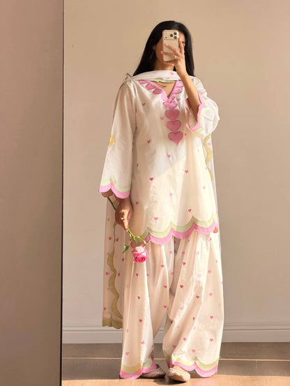Ivory Pink Heart-Print Suit Set with Dupatta | Gulaal Jaipur