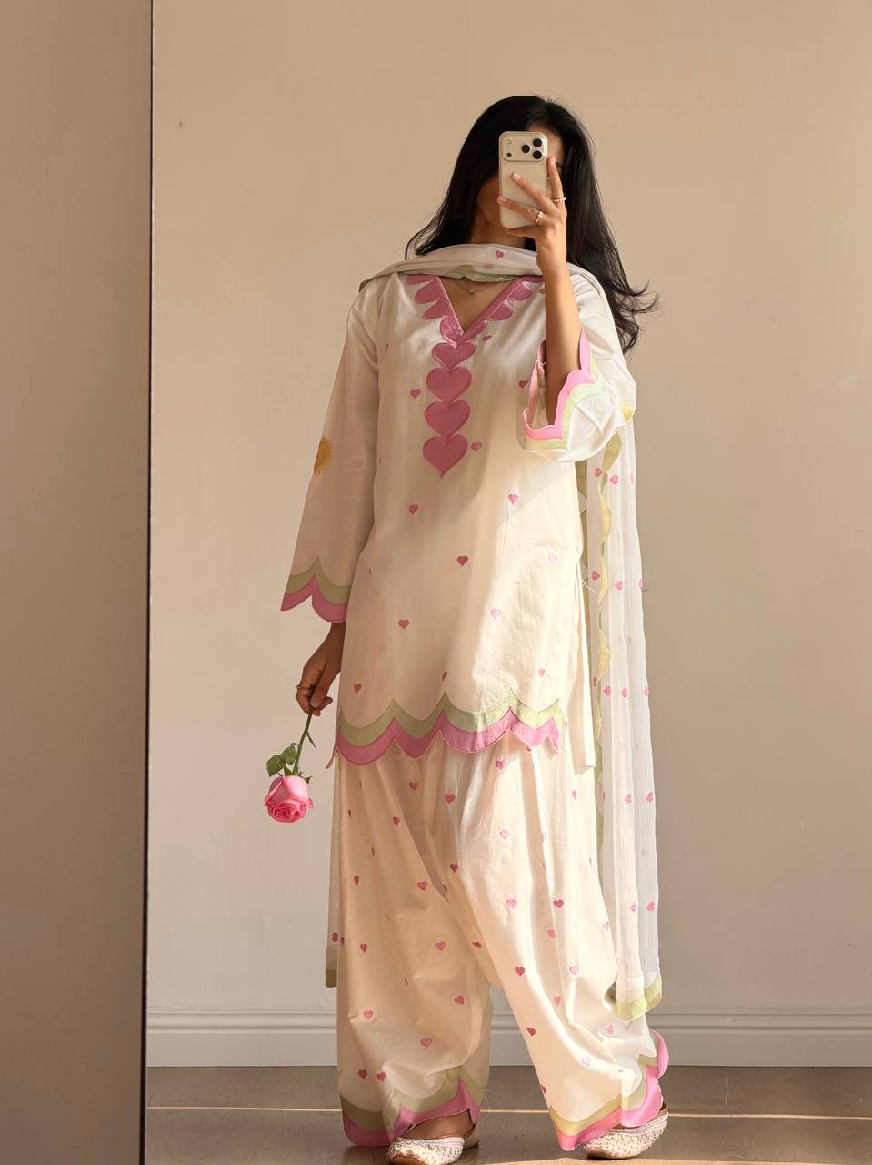 Ivory Pink Heart-Print Suit Set with Dupatta | Gulaal Jaipur