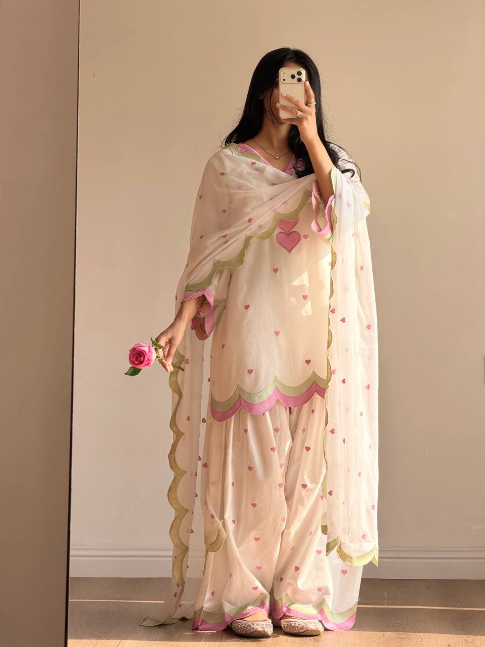Ivory Pink Heart-Print Suit Set with Dupatta | Gulaal Jaipur