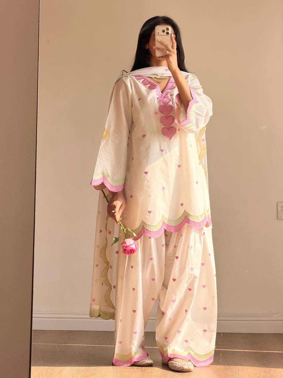 Ivory Pink Heart-Print Suit Set with Dupatta | Gulaal Jaipur