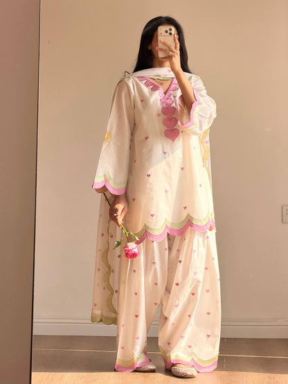 Ivory Pink Heart-Print Suit Set with Dupatta | Gulaal Jaipur