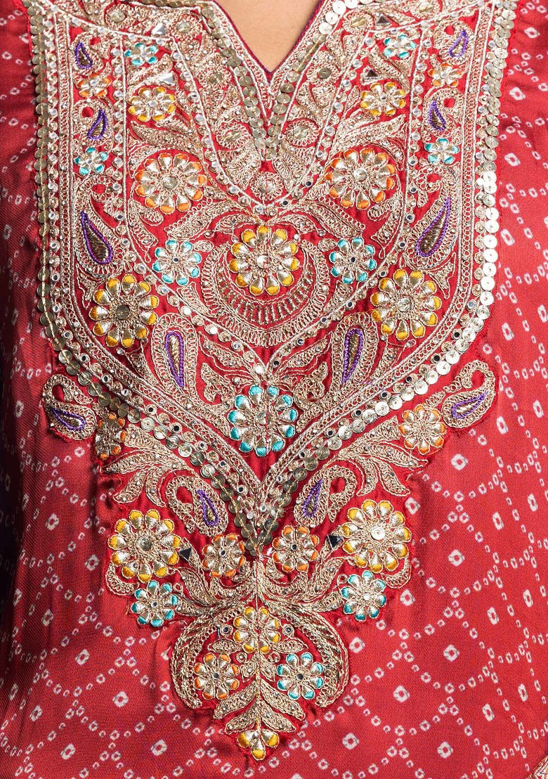 Rangrez Red and Purple Bandhani Kurta Palazzo Set | Gulaal Jaipur