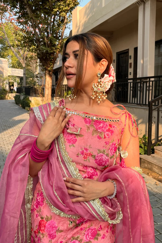 Pink Floral Printed Sharara Set with Dupatta
