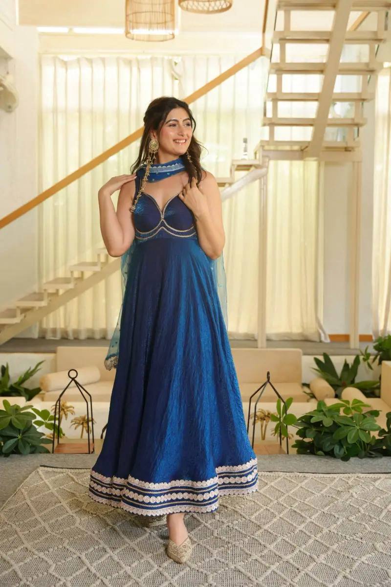Royal Blue Embroidered Anarkali Suit Set with Dupatta | Gulaal Jaipur