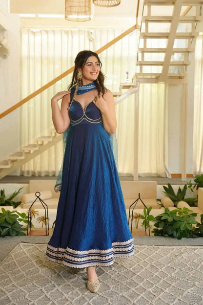 Royal Blue Embroidered Anarkali Suit Set with Dupatta | Gulaal Jaipur