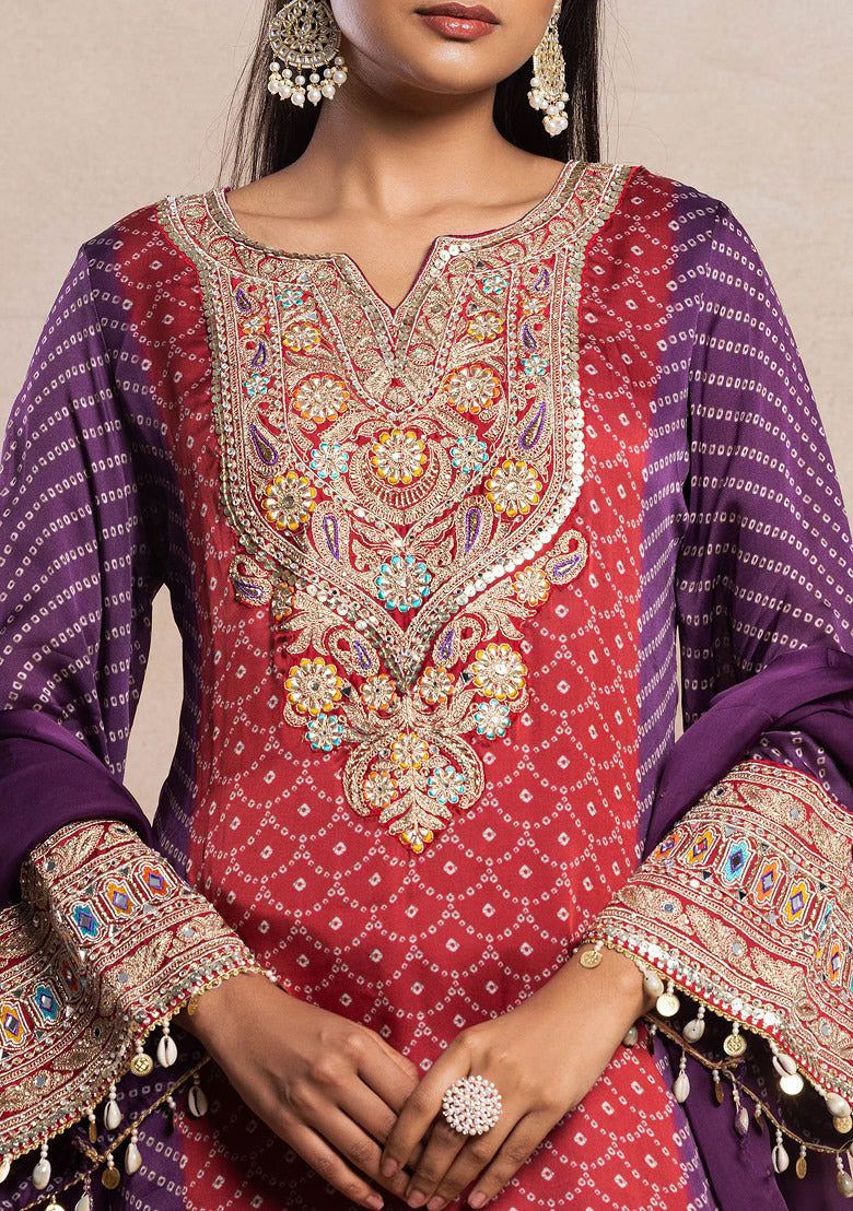 Rangrez Red and Purple Bandhani Kurta Palazzo Set | Gulaal Jaipur