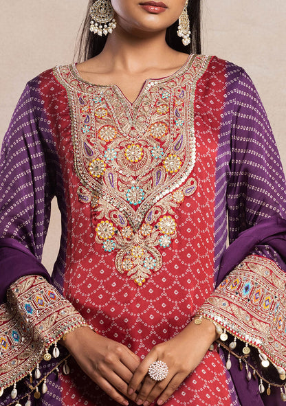 Rangrez Red and Purple Bandhani Kurta Palazzo Set | Gulaal Jaipur