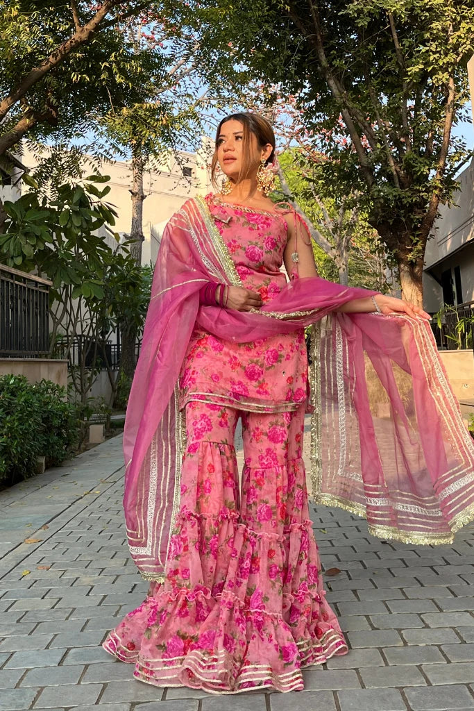 Pink Floral Printed Sharara Set with Dupatta