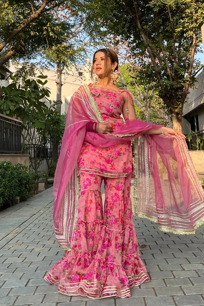 Pink Floral Printed Sharara Set with Dupatta