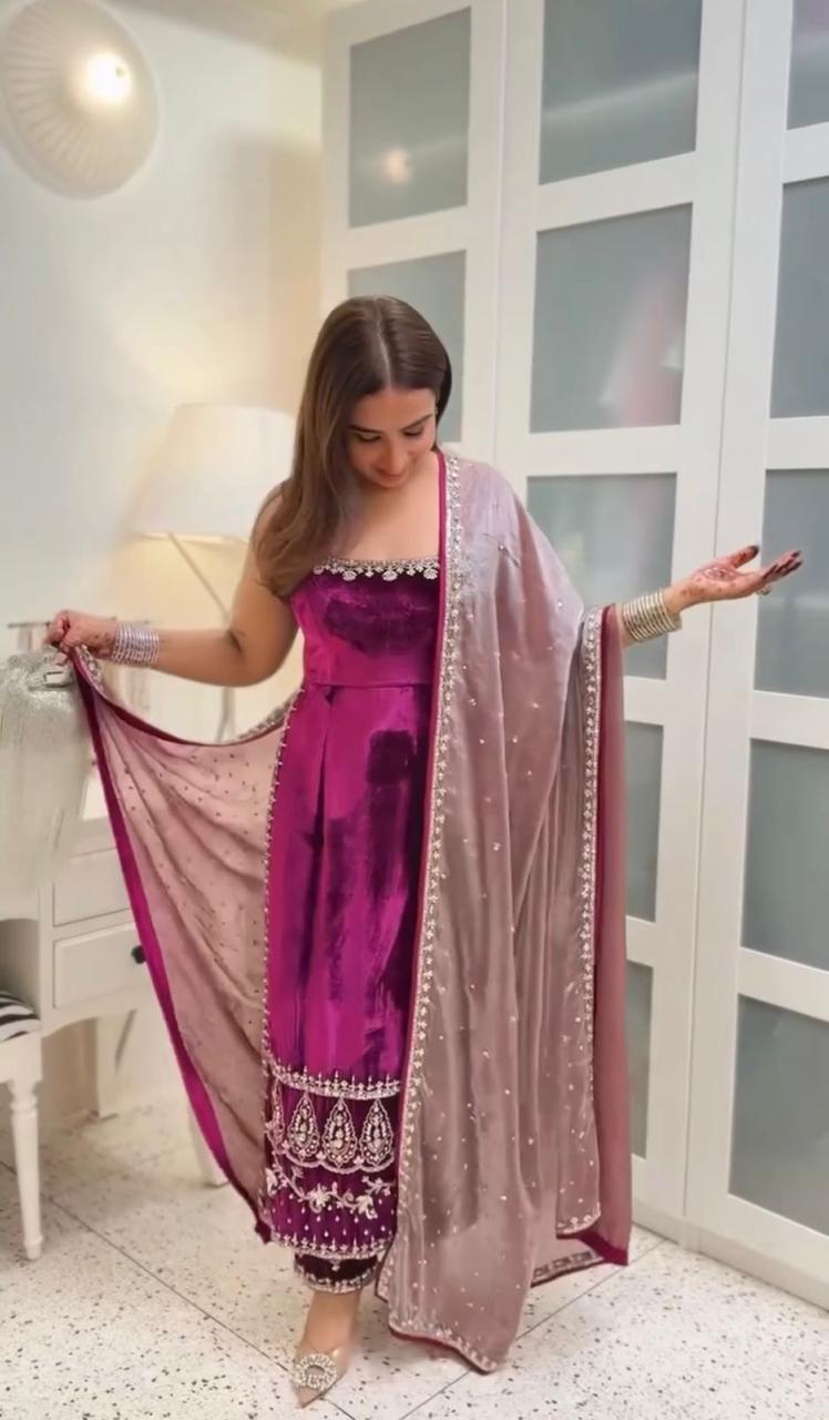 Royal Plum Velvet Embroidered Kurta Set | Gulaal Jaipur